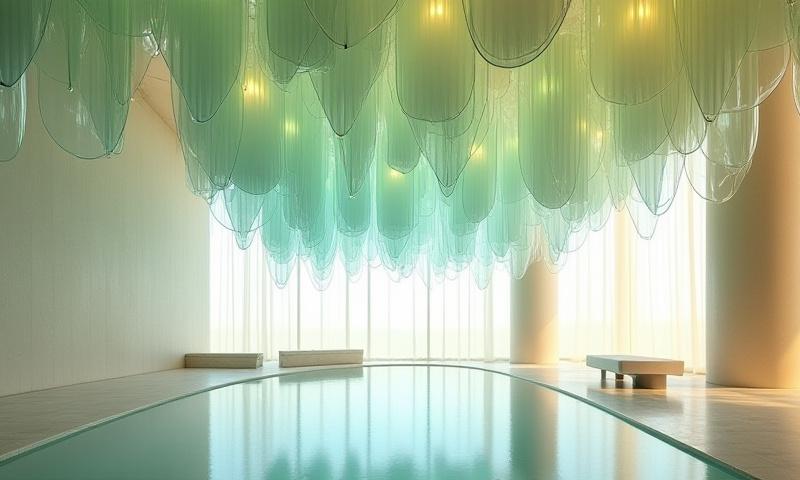 Large-scale bespoke glass art installation with organic shapes reflecting serene light in a modern spa lobby. Lush Kiln services.