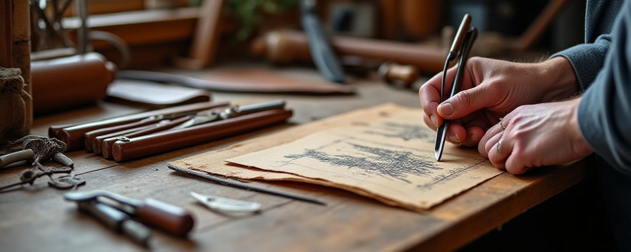 Artisan hands working with leather and tools